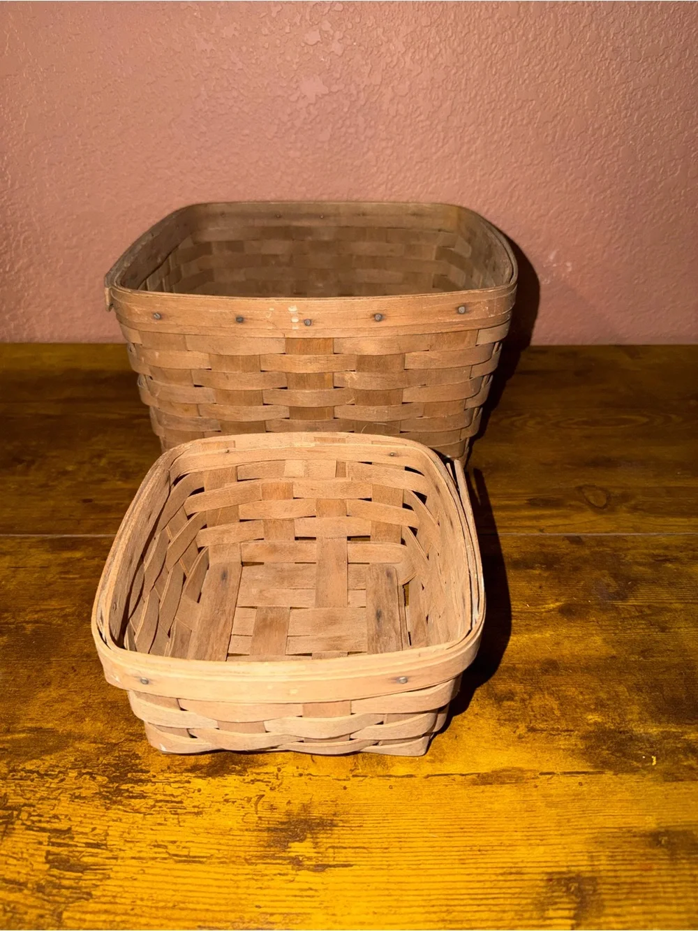 2 VTG 1985 Longaberger Baskets Square 12”x13”x8” & 7.5”x7.5”x4”
